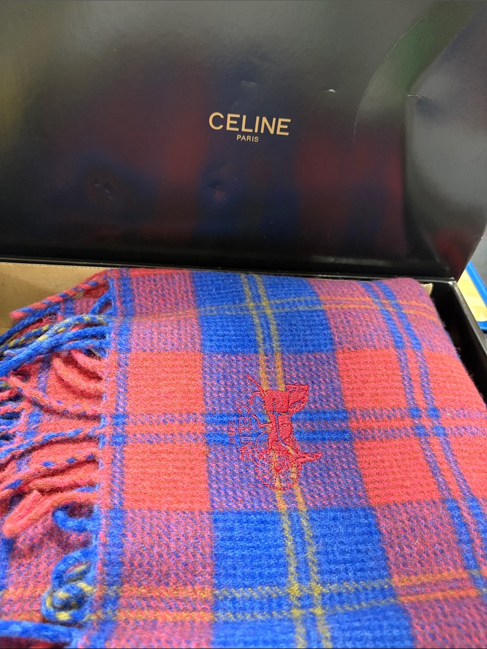 New *CELINE *Vintage Plaid Wool 100% Scarf in Red & Blue with Embroidered Logo - Picture 6 of 10